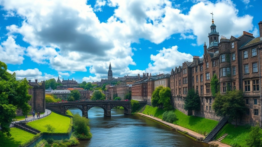 Exploring historic Edinburgh by the river, medieval architecture, vibrant skies.