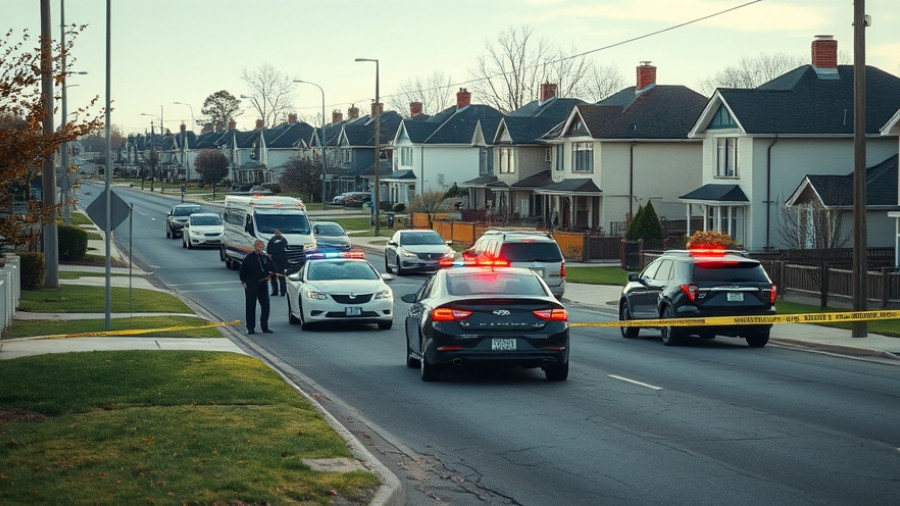 Police vehicles outside house in suburban area, investigation scene.
