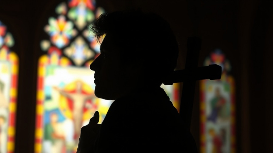 Silhouette holding a cross in front of stained glass window.