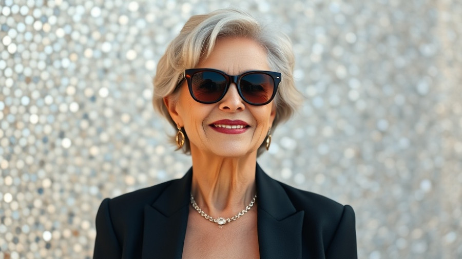 Elegant older woman smiling confidently against a sparkly wall.