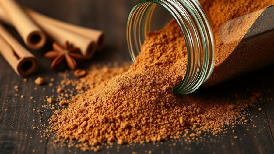 Rich ground cinnamon spilling from a jar on dark wood.