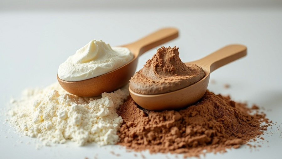 Protein powders with scoops highlighting lead contamination concerns.