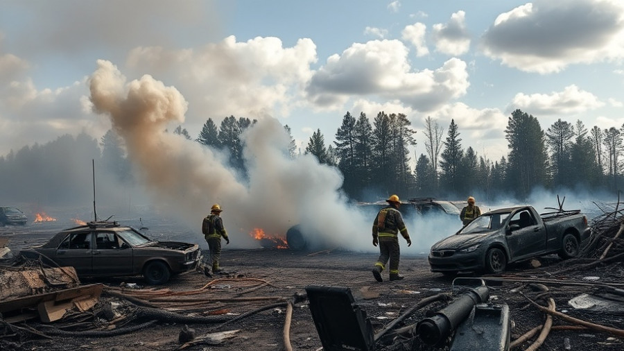 Firefighters manage New Orleans junkyard fire aftermath, charred remains visible.