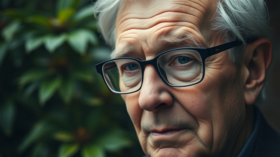 An elderly man with glasses looking contemplatively through a window.