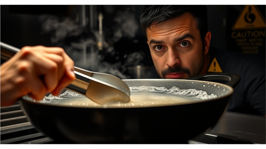 Close-up of frying pan with warning and serious man, avoid foods if you have diabetes.