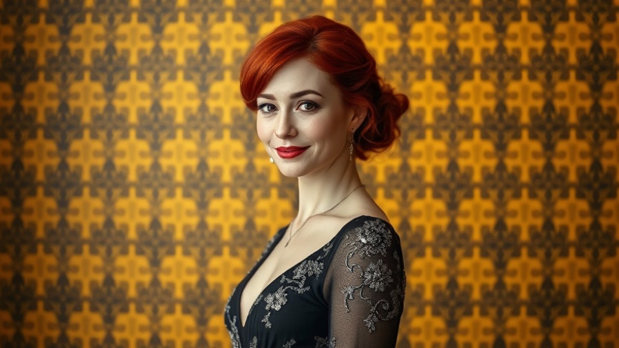 Sharon Osbourne with elegant style, red hair, and a subtle smile.