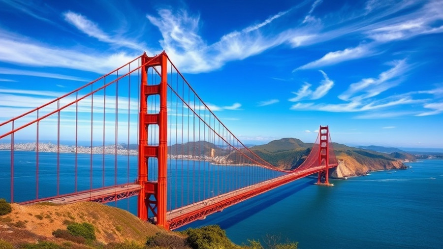 Golden Gate Bridge in California against vibrant sea and sky.