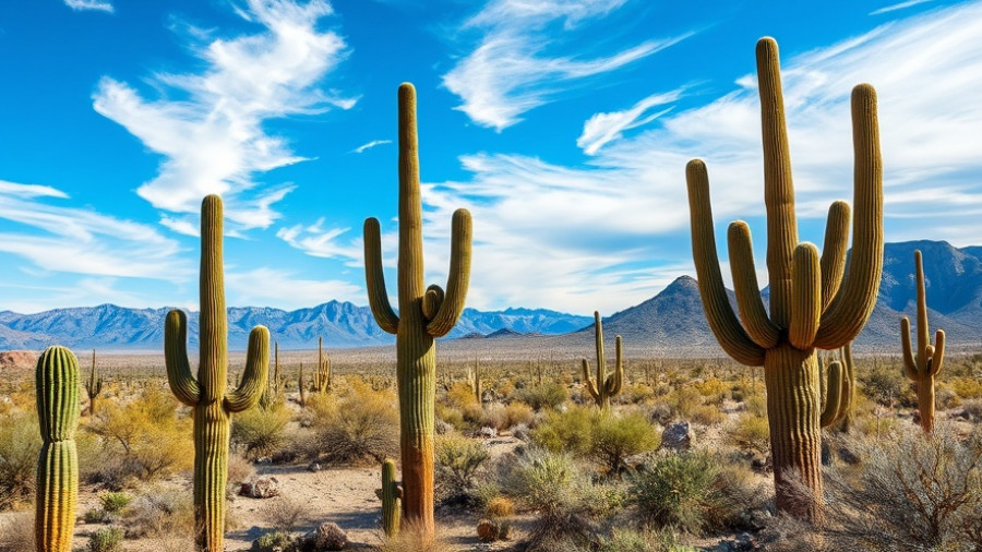 Serene desert view with cacti under a bright blue sky in Tucson.