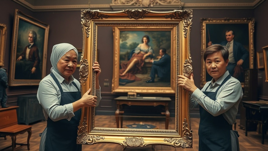 Museum staff adjusting empty frame, highlighting security threats.