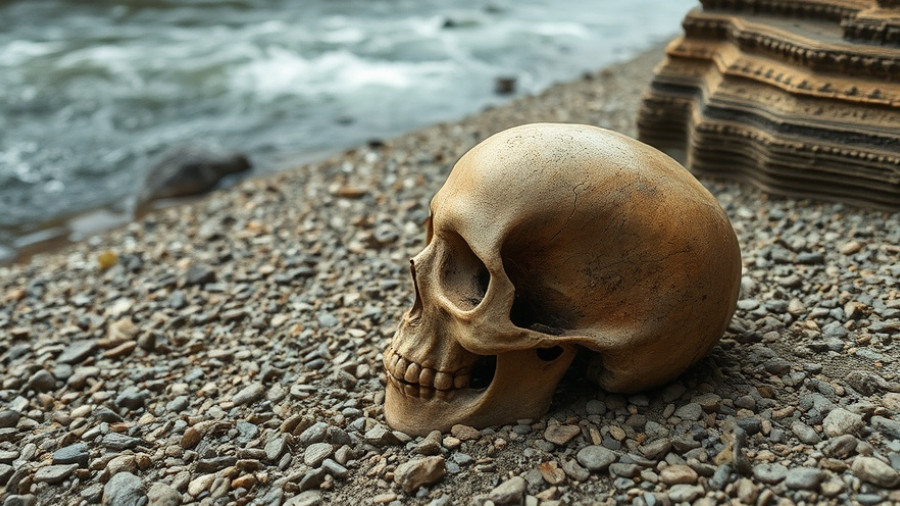 4,270-year-old human skull Indiana near riverbank, photorealistic.