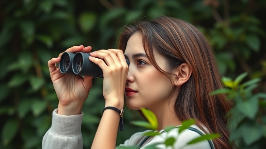 Young woman observing nature through binoculars, Jane Goodall cause of death