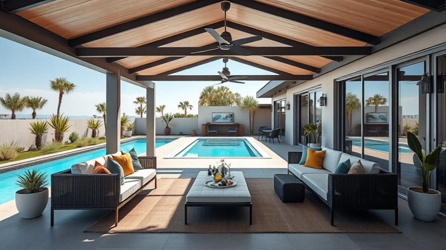 Stylish covered terrace design with pool view, sunny ambiance.