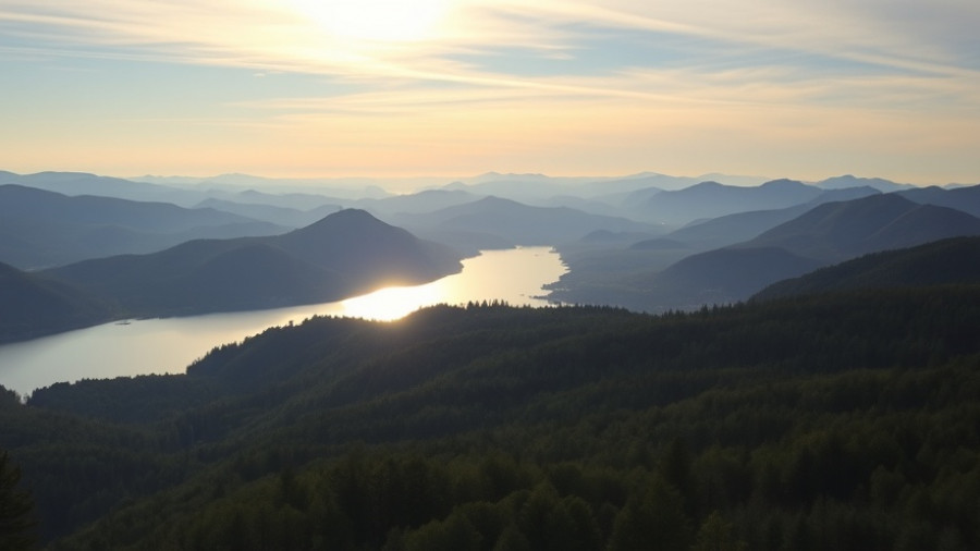 Scenic sunrise over Vermont mountains and lake, highlighting tourism.