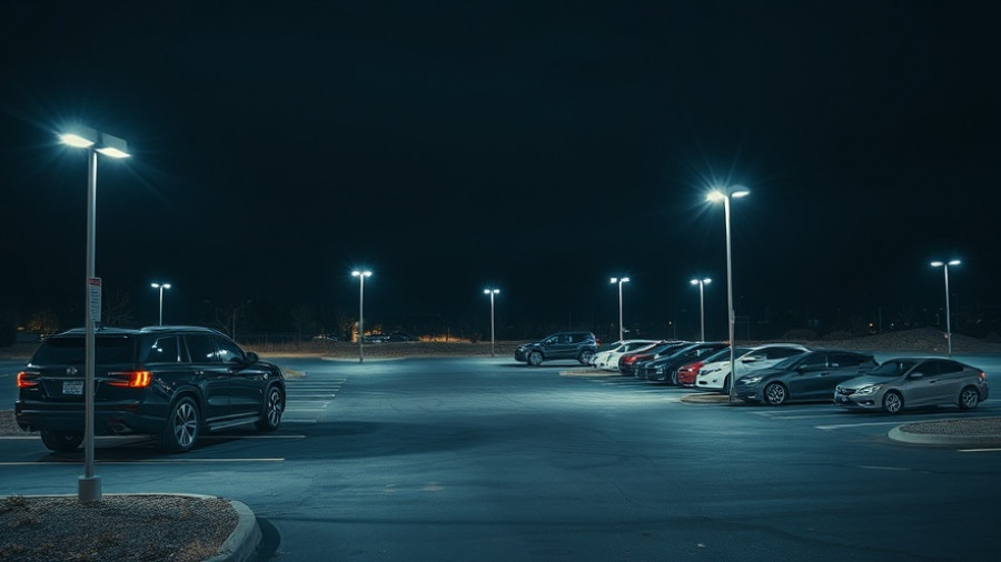 Nighttime parking lot in Macon, Georgia with vehicles.