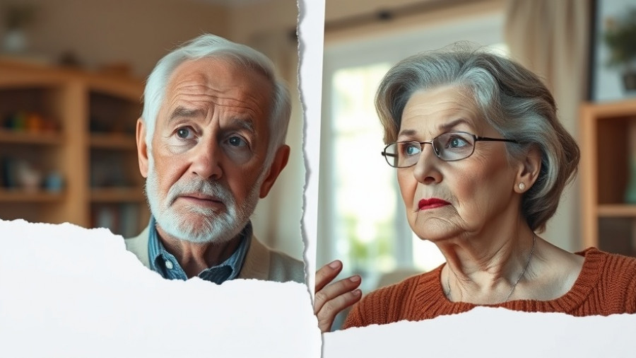 Older man and woman contemplating in a divided image; men's brains shrink faster than women's.