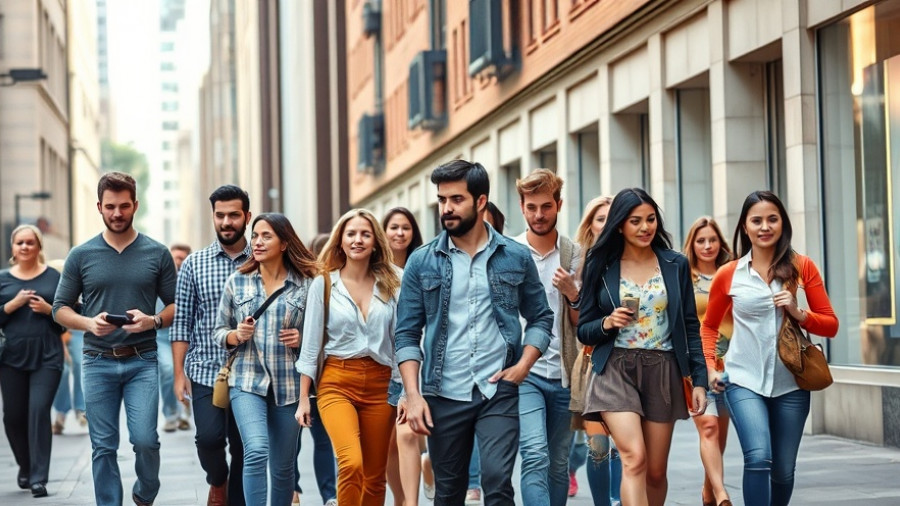 People walking in city street, diverse group, urban setting