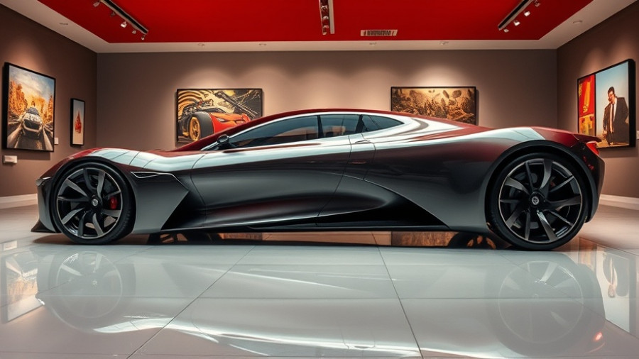Futuristic Chevy concept car displayed in modern gallery setting