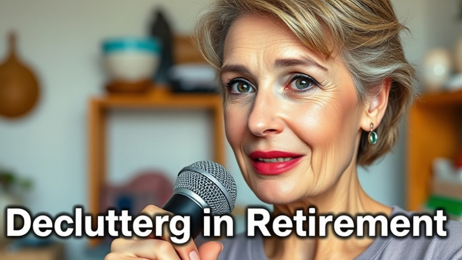 Woman discussing decluttering in retirement with text overlay.