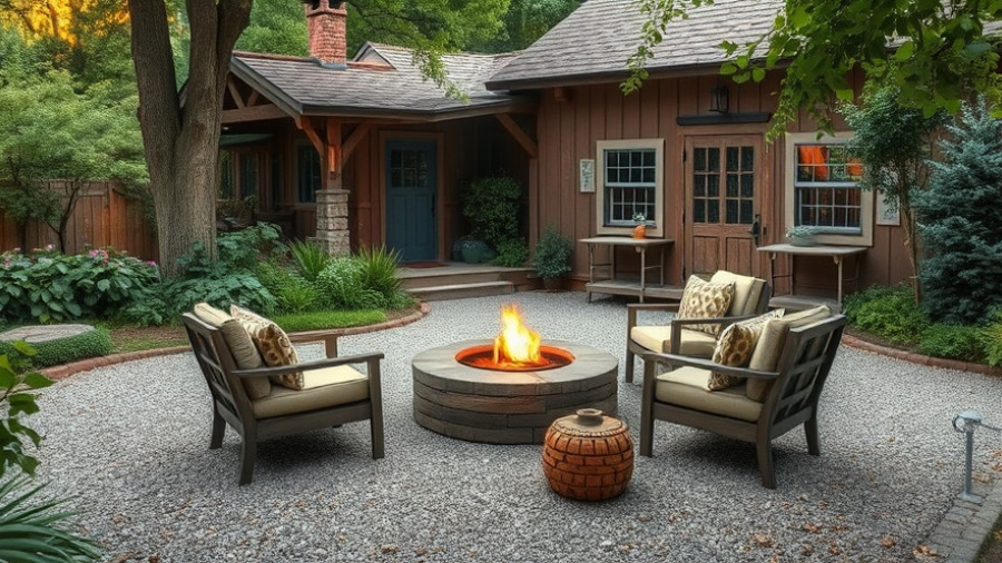 Charming outdoor gravel patio design with cozy seating and fire pit.