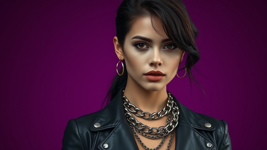 Chic woman posing in black leather with silver chains, vibrant purple backdrop.
