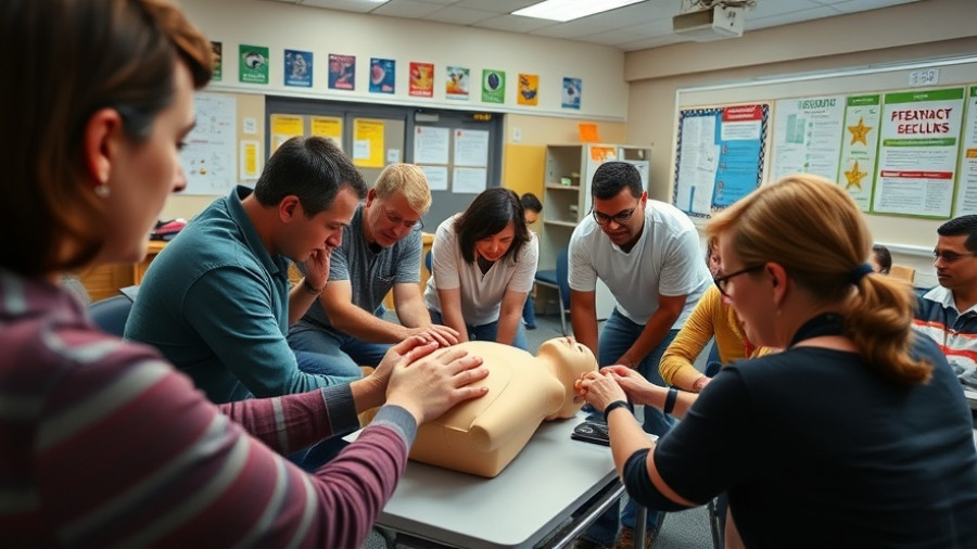 Group practicing CPR on manikin, learning American Heart Association guidelines