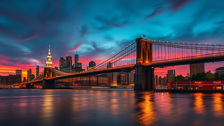 Brooklyn skyline with illuminated bridge and vibrant skyline at twilight.