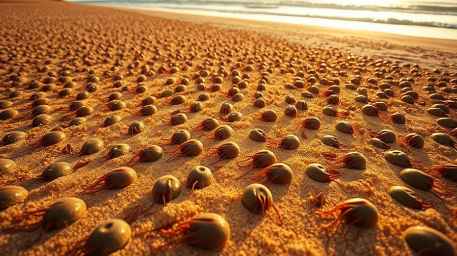 Thousands of sea cucumbers scattered on a sandy beach.