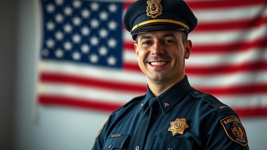 California police officer smiling in uniform, American flag backdrop.
