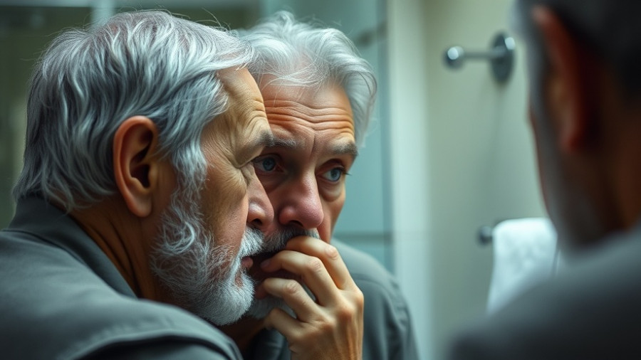 Elderly man with gray hair in reflective mirror moment, cancer defense focus