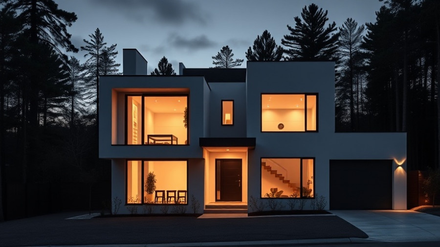 Modern house with illuminated windows against a forested backdrop at dusk.