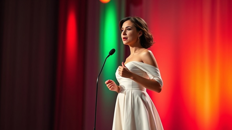 Confident speaker in white gown holding award on colorful stage.