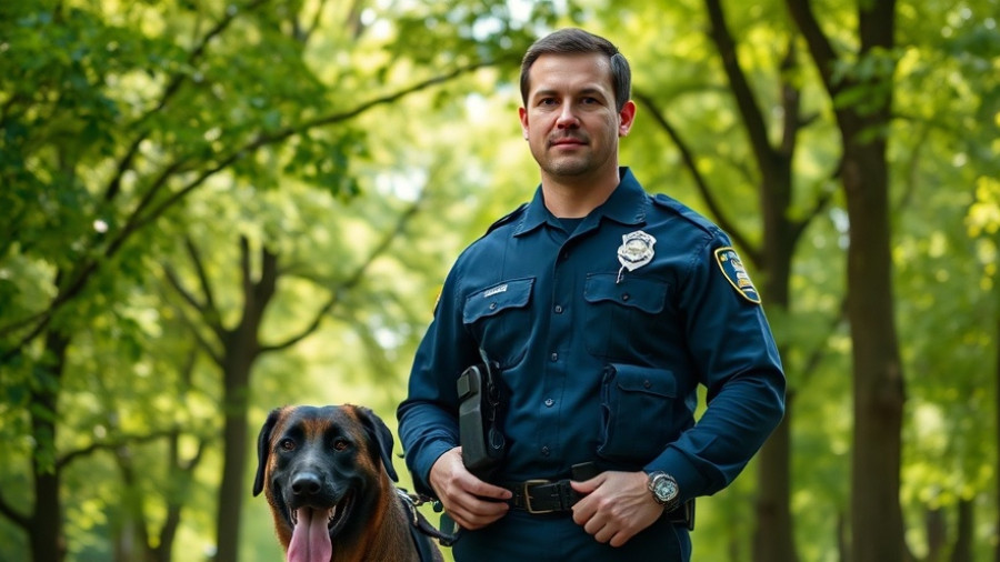 Police officer and dog in park, related to missing man with special needs rescue.