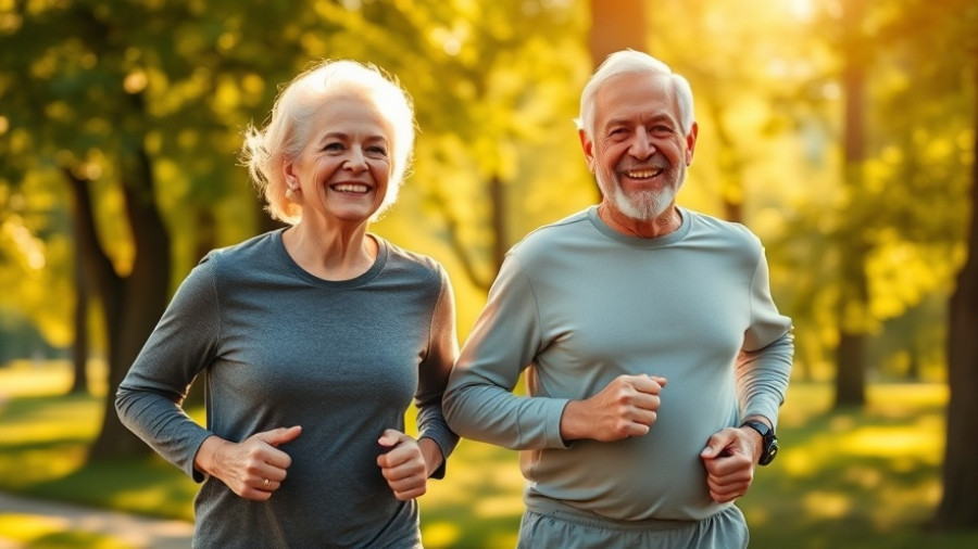 Active elderly couple jogging in a sunlit park, promoting health to help prevent Parkinson’s disease.