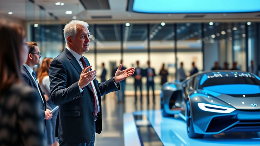 Business executive presenting future automotive concepts amid Stellantis potential split.