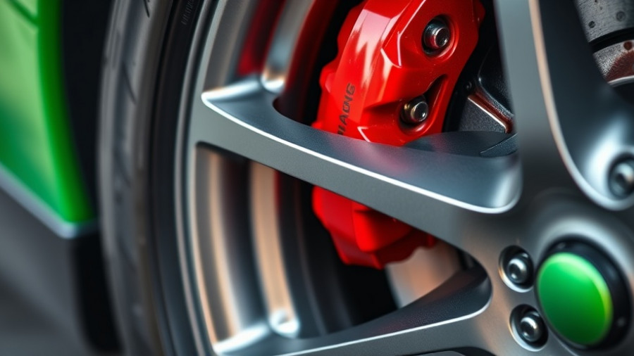 Red brake caliper on a green vehicle highlighting car technologies for sustainable living.