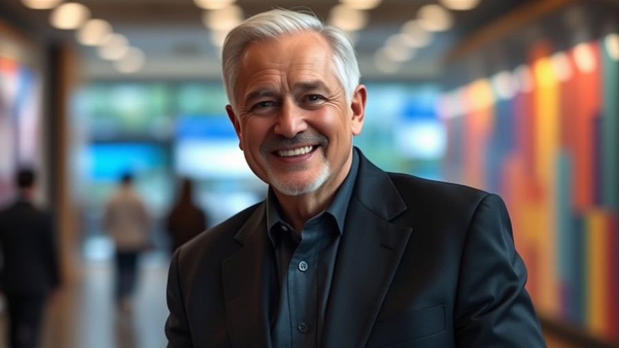 Smiling man at event, black suit, colorful backdrop.