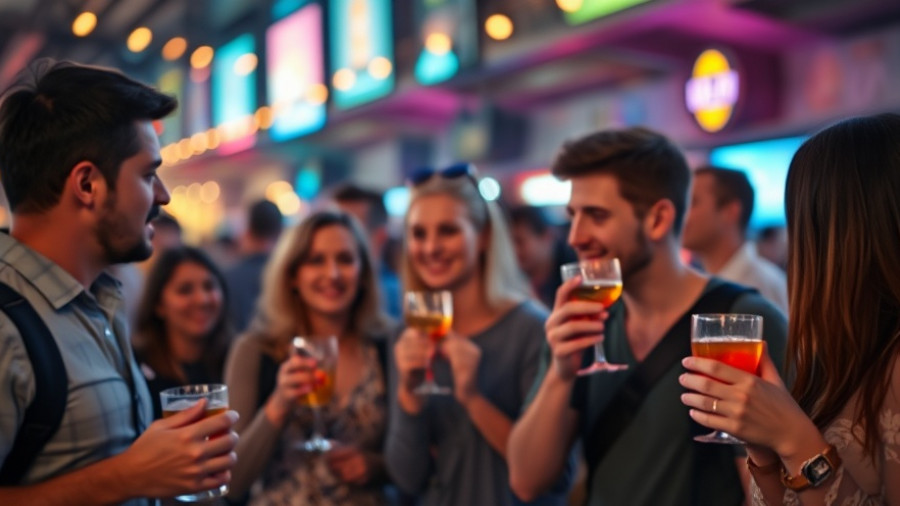 Tourists with cocktails, nightlife scene highlighting methanol poisoning risks.