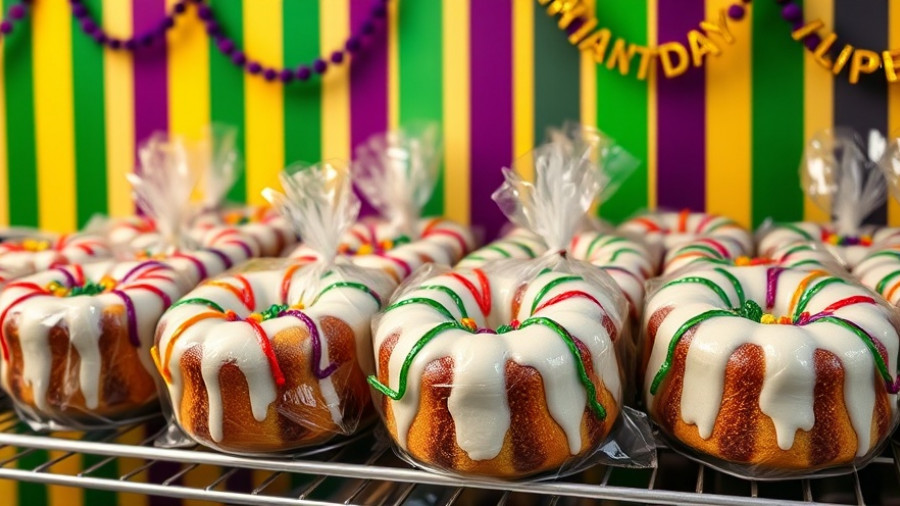 King Cake Hub New Orleans: Wrapped king cakes on a festive shelf.