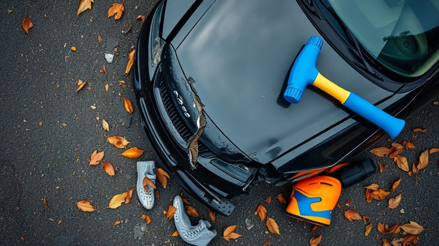 Smashing old car parts with hammer for stress relief on asphalt.