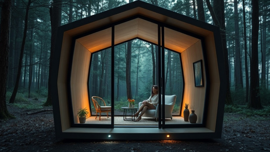Modern mini house with a woman inside by a forest lake, amazing mini houses.