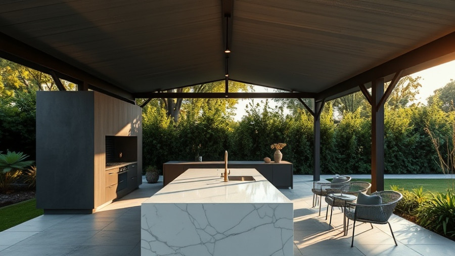 Modern covered outdoor kitchen design in lush backyard