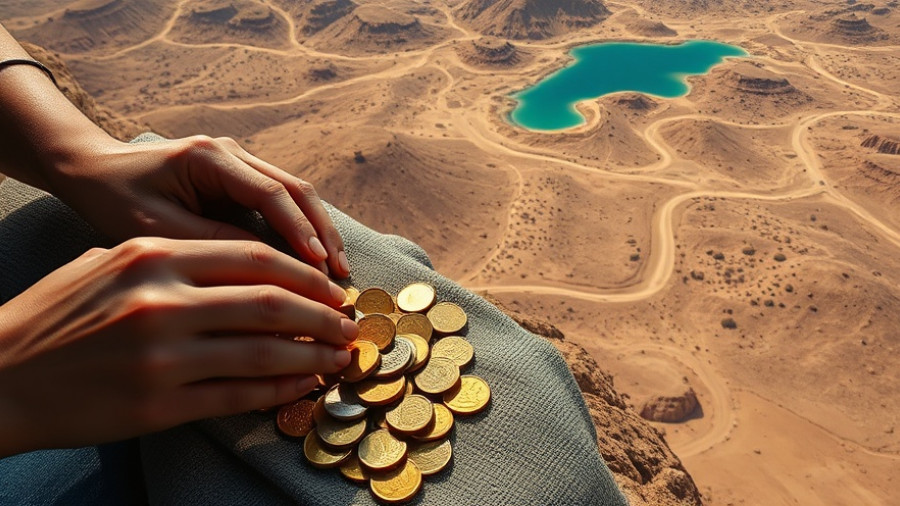 Treasure trove of gold coins examined by hands next to aerial view.
