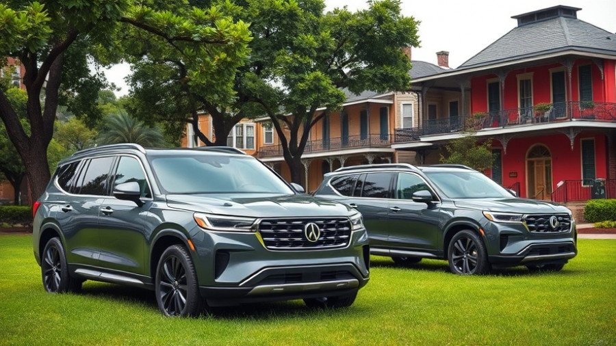 SUVs parked on neutral ground in New Orleans residential area.