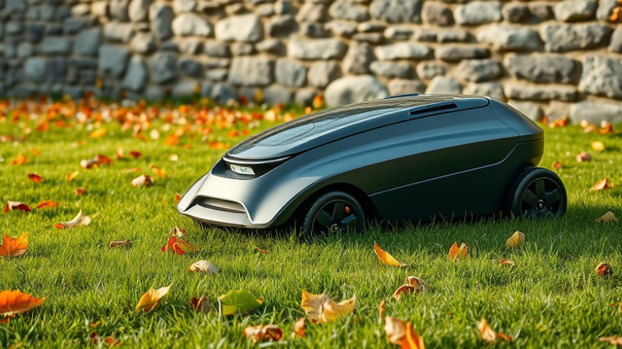 Mowbot cutting grass with autumn leaves near stone wall.