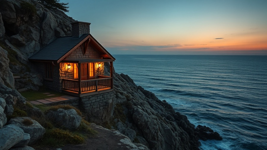 Beauty of Stone Cabins: Cliffside stone cabin at dusk