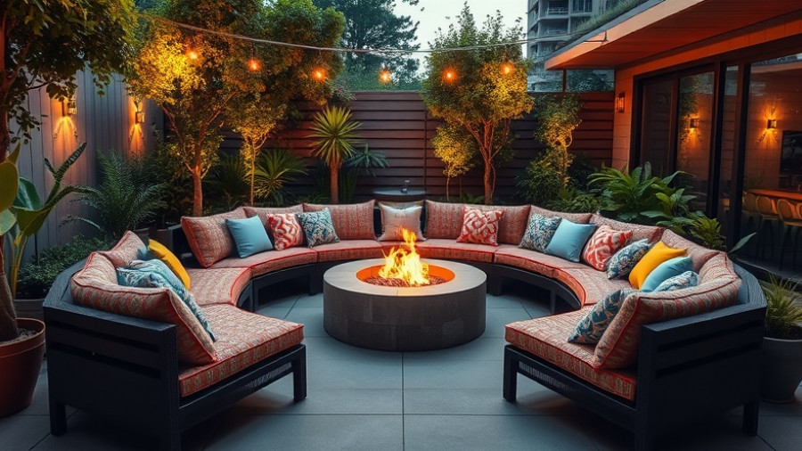 Modern outdoor deck seating area with fire pit and cushions.