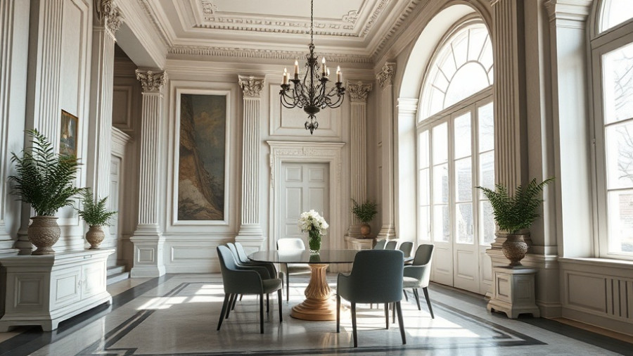 Renovated neoclassical palazzo dining room with modern decor.