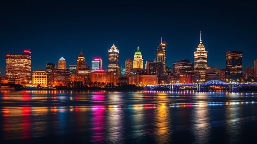 Vibrant nighttime Connecticut skyline reflecting in river.
