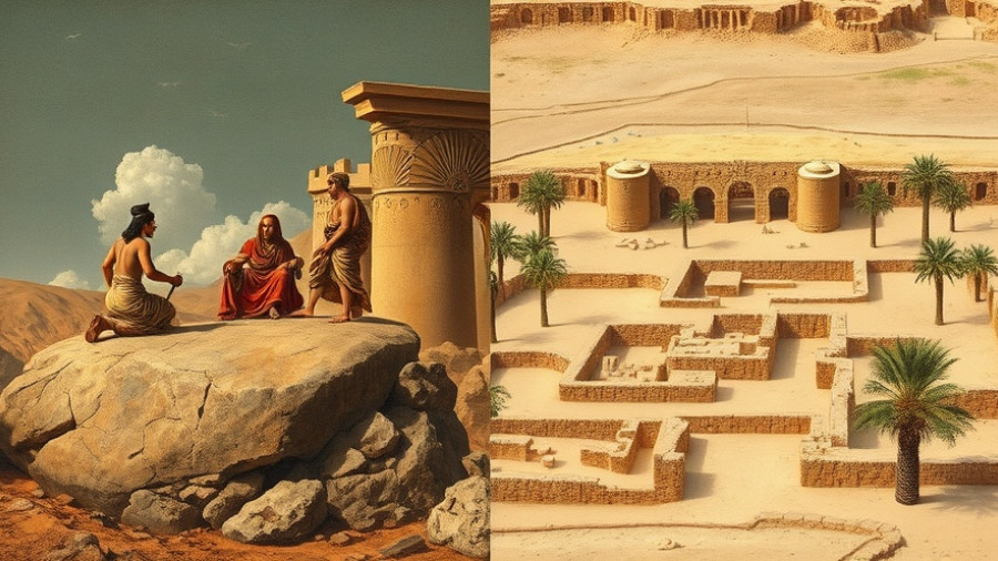 Ancient figures and 3,000-year-old Egyptian fortress excavation scene.