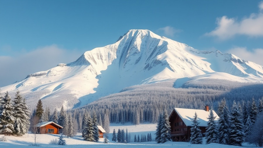 Scenic winter landscape with snowy mountain and cabins, a top travel destination for 2026.